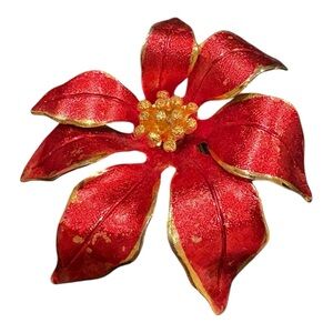 Cerrito Vintage Red Enamel Flower Brooch Gold Tone Poinsettia J22